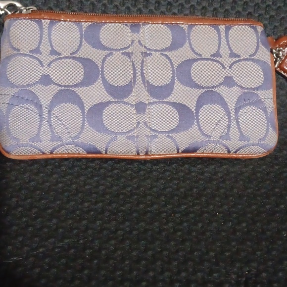 Coach Blue Signature Canvas Wristlet with Brown Leather Trim - Picture 2 of 4